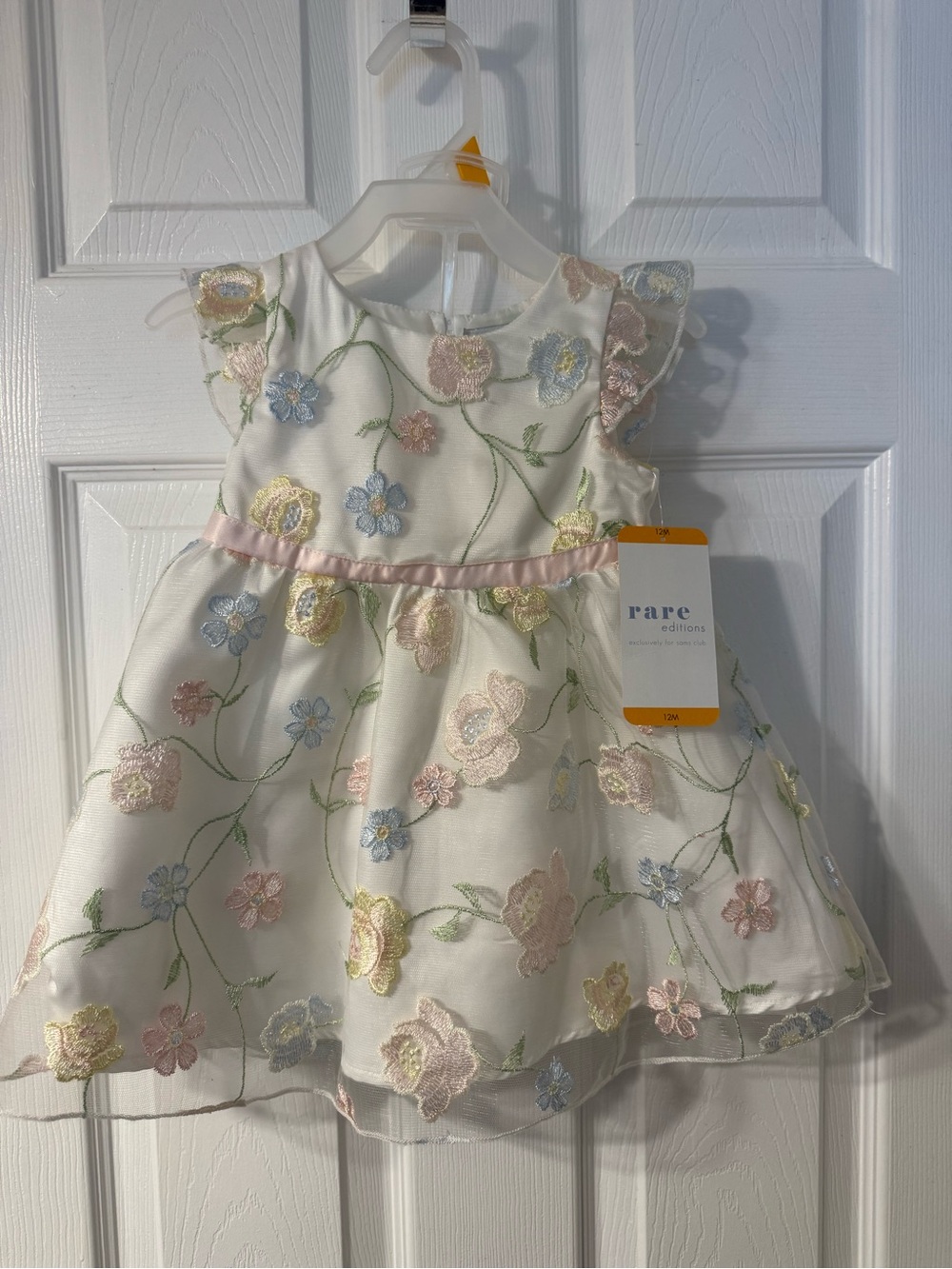 Rare Editions Ivory Dress with Pink and Green Floral Embroidery